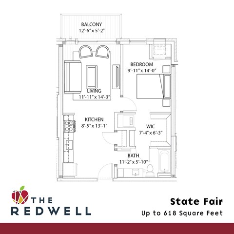 Floor plan for 1 bed, 1 bath, 618 sqft